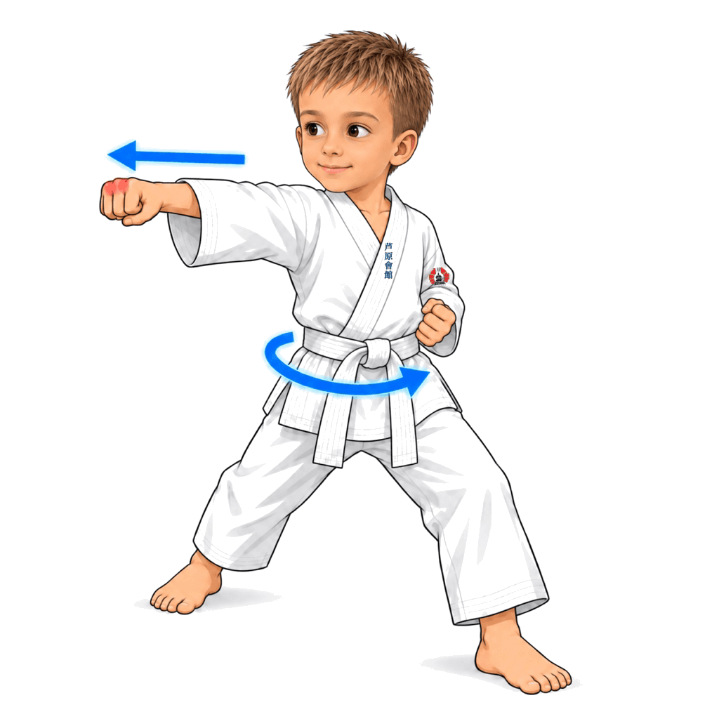 Šimon z SK Katana ukazuje Gyaku zuki. Přímý úder zadní rukou s maximální rotací pánve a oporou v zadní noze – základní zdroj síly v karate.