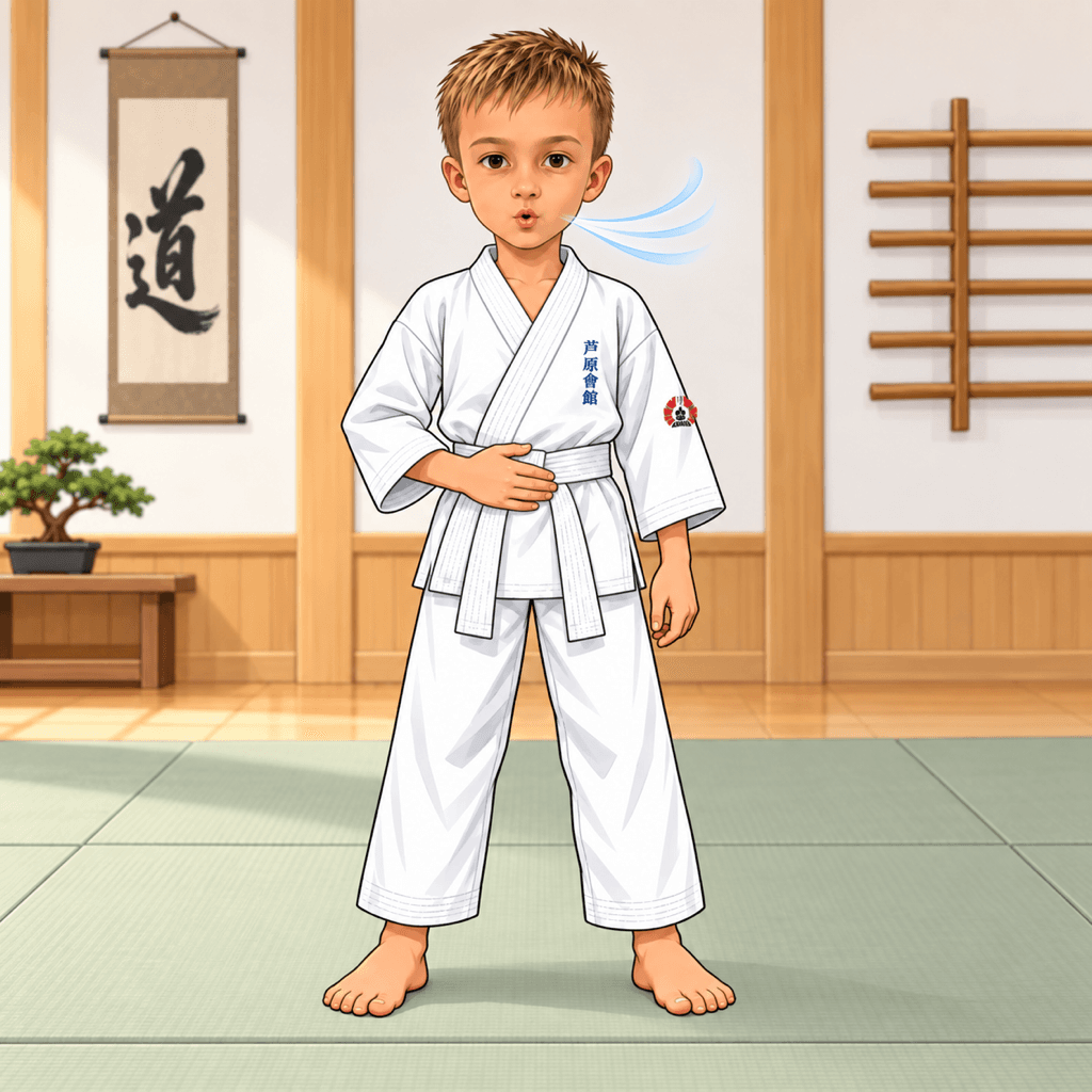 Šimon z SK Katana ukazuje Ibuki. Dynamické silové břišní dýchání s hlasitým zvukovým projevem, které zpevňuje střed těla (Tanden) a sjednocuje sílu svalů při Kime.