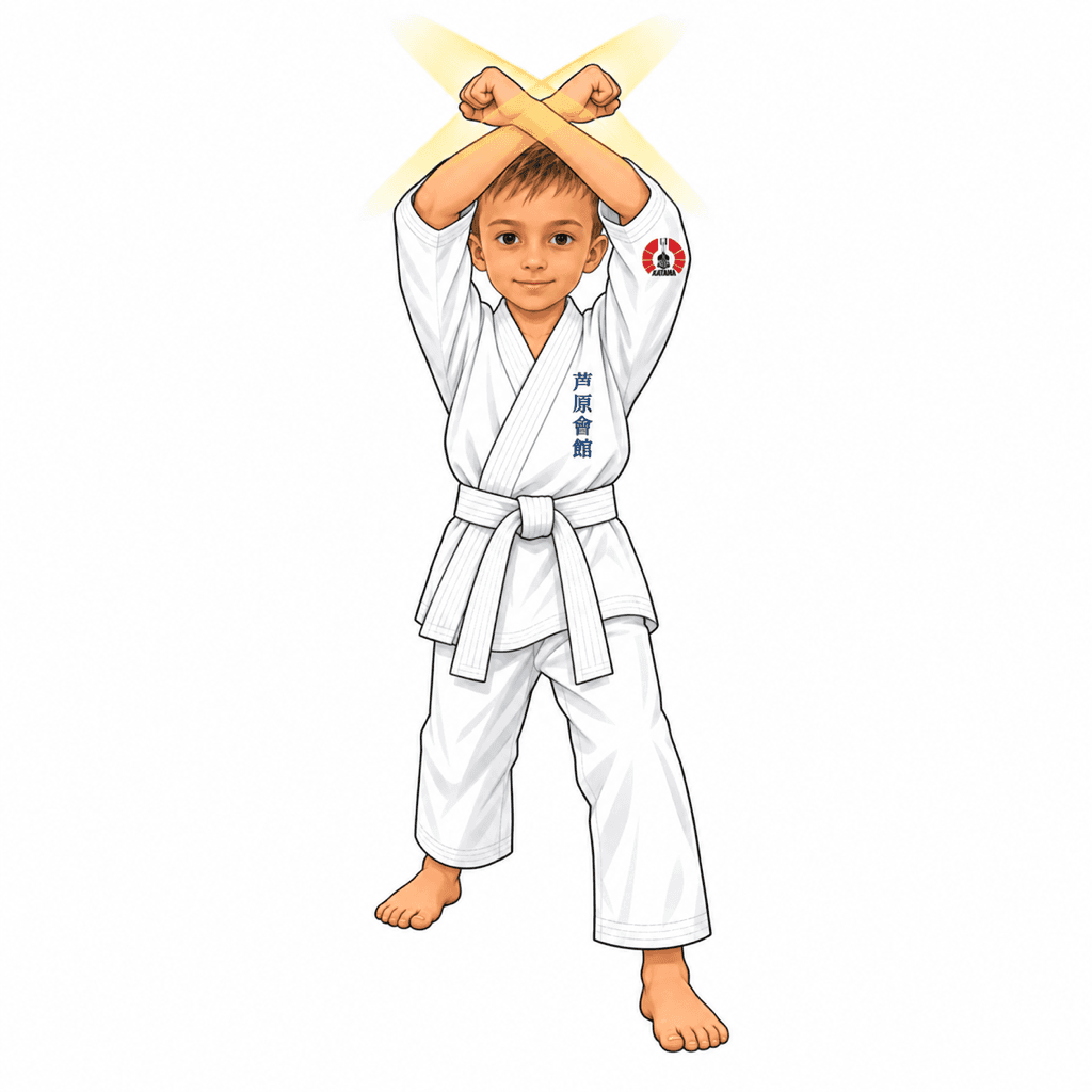 Šimon z SK Katana ukazuje Jūji-uke. Křížový blok se zkříženými zápěstími do tvaru X, prováděný nahoře (Jodan) proti kopům na hlavu nebo dole (Gedan) proti přímým kopům Mae-geri.