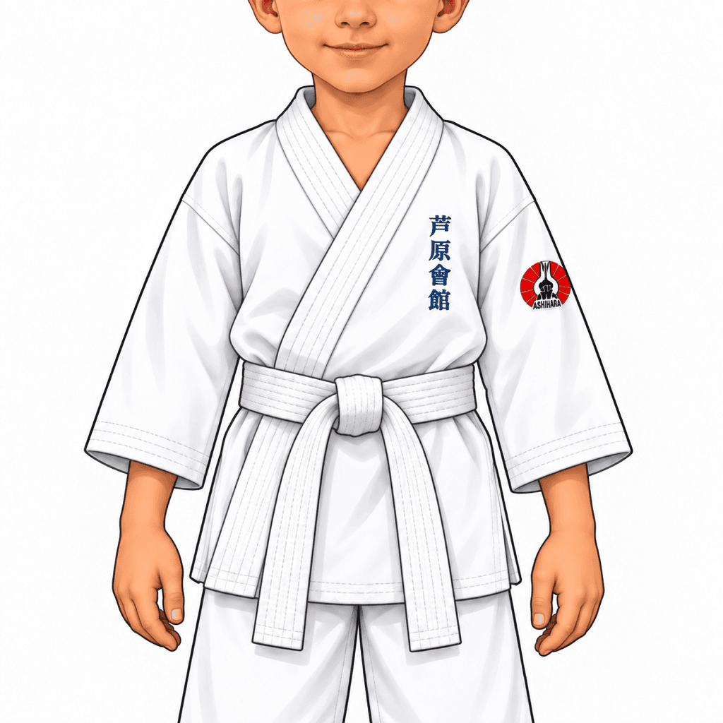 Šimon z SK Katana ukazuje Obi. Pásek v karate označující technický stupeň žáka (Kyu) nebo mistra (Dan).