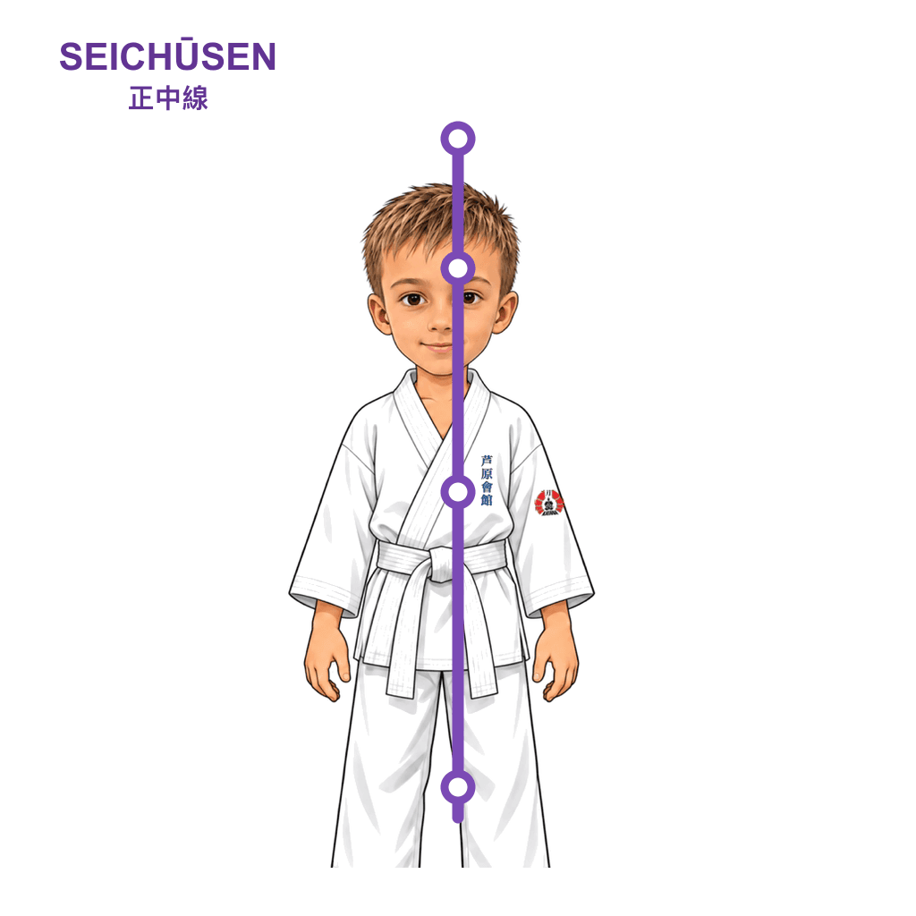 Šimon z SK Katana ukazuje Seichūsen. Vertikální středová linie lidského těla spojující temeno, nos, solar plexus a rozkrok; základní osa, kterou karateka brání a na kterou útočí.