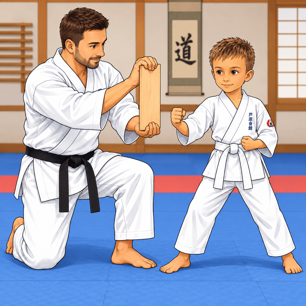 Šimon z SK Katana ukazuje Tameshiwari. Zkouška síly a techniky přerážením tvrdých materiálů (dřevěných desek, cihel či ledových bloků).